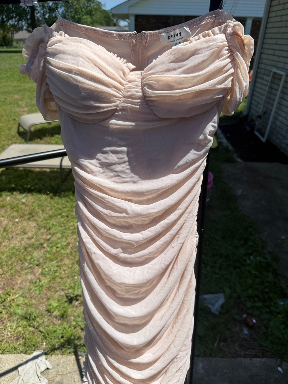 privy Blush Ruched Off-Shoulder Midi Dress